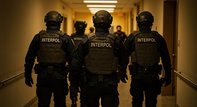 interpol tactical team in full gear seen from behind in dimly lit corridor. International law enforcement operation. Global security, cross-border crime. Special operations for international criminal