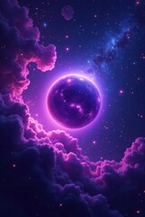 Fototapeta premium Mysterious, glowing orb amidst swirling purple gas and stars, purple gas, orb