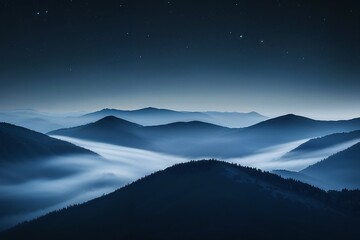 Serene mountain landscape at night with mist and stars  