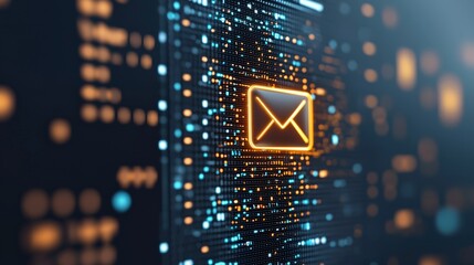 A glowing envelope icon surrounded by digital data representations, symbolizing communication and modern technology.