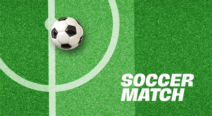 Obraz premium Top View of Soccer Ball on Green Football Field with Marked Lines, Great for Game, Tournament, or Advertising Design. Realistic Style. Vector Illustration.