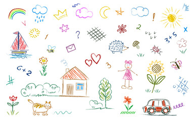 Baby doodles drawn with a brush pencil. House, girl, sun, sunflower, hedgehog, cat, mushroom. Elements colored children's set. Vector illustration, all objects isolated.