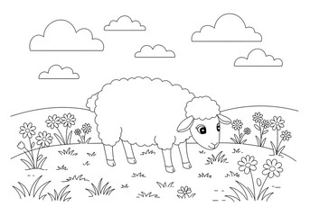coloring page sheep animal on grass and clouds sky