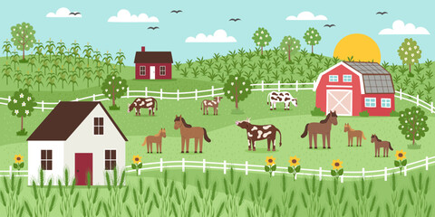 Sustainable and regenerative farming concept banner. Gardening nature landscape with farm animals, plants, farmhouse, cows and horses. Vector hand drawn background in flat style.