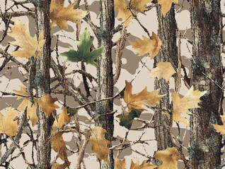 Camouflage pattern. Vector hunting seamless pattern. Forest background. Jungle texture. Oak tree pattern. Hunting camo. Digital camouflage design. Tree barks, leaves, stems background