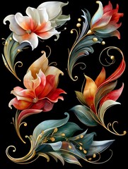 Watercolor floral arrangement feather decor Beautiful floral designs featuring vibrant colors and intricate details, perfect for decorating or enhancing any artistic project.