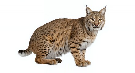 Obraz premium Bobcat Stands on White Backdrop with Detailed Mottled Brown Fur and Yellow Eyes in Studio Shot
