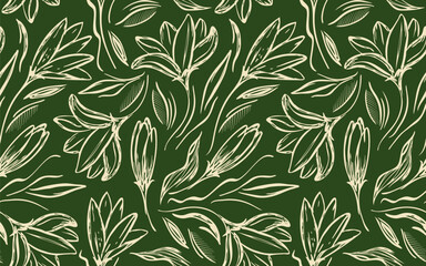 abstract exotic outline flowers, hand drawn sketch, floral seamless patterns. Print for fabric, textile, cover, banner, clothes, wrapping paper, home decor. beige on dark green background.