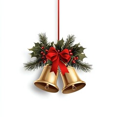 Golden bells adorned with a red ribbon and holly sprigs, a festive Christmas decoration hanging elegantly.