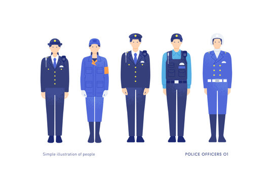 警察官と白バイ隊員と鑑識官のイラスト。若い男女のベクターイラスト素材。