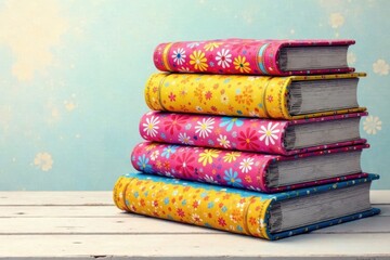 Hand-drawn stack of colored books with floral patterns and texture, book art, home decor