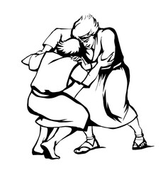 Vector drawing. Man fight with Angel