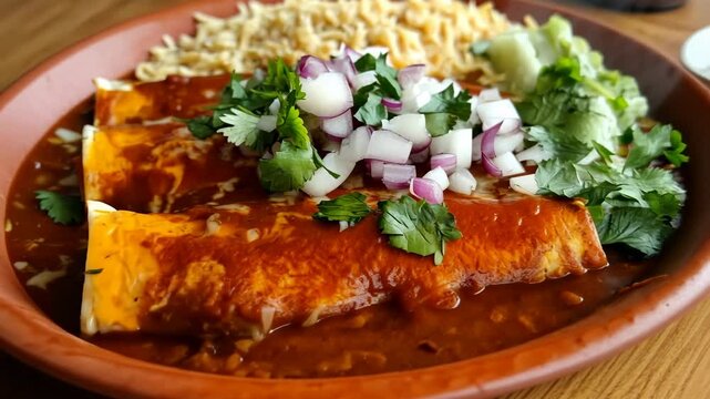 Mexican cuisine delicacy with enchiladas and fresh garnish display