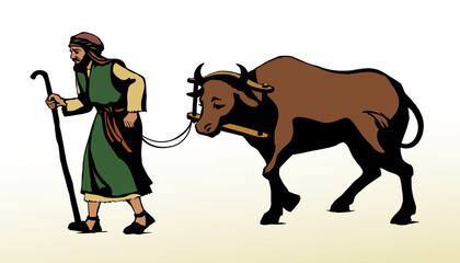 Vector drawing. Old wooden yoke on the cow