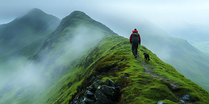 A lone hiker and his dog trek along a misty mountain ridge path It evokes a sense of adventure and freedom Use it for travel and adventure themes - Powered by Adobe