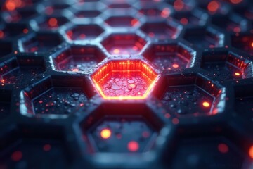 Fototapeta premium Hexagonal metallic grid with soft glowing light emanating from within, ambient, neon
