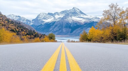Asphalt Road Autumn Foliage Dramatic Mountains High-Definition Landscape Perspective Scenic Route Journey Ahead Cool Serene Tones Travel Advertisement extra details included