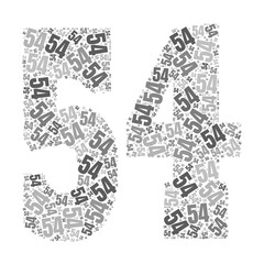 Grayscale word cloud forming the number 54, with repeated text in various sizes.