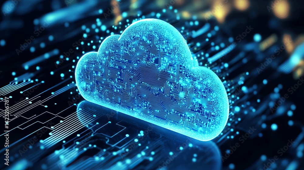 Wall mural abstract digital cloud computing network technology concept illustration web data blue dark cyber