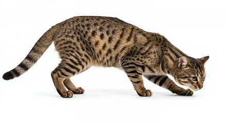 Crouched Black Footed Cat Peering Downwards Isolated Against a Clean White Background in Studio Shot