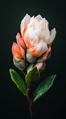Magnolia flower bud with soft petals and green leaves on a dark background.