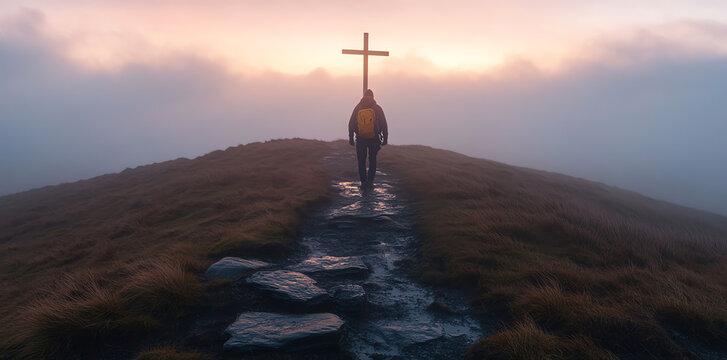 A lone hiker walks a path toward a cross atop a misty mountain during a stunning sunset.  The scene evokes feelings of peace and faith. Perfect for spiritual or travel themes.