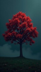 Single tree against a dark gray background with some mist, calm, fog