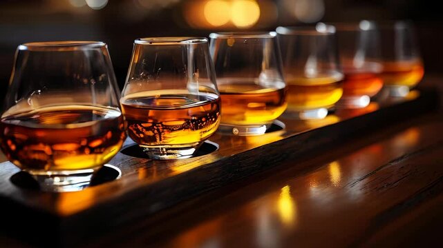 Enjoy a selection of whiskey served in elegant glasses, beautifully arranged on a wooden tray. The cozy atmosphere sets the tone for an exquisite tasting experience.