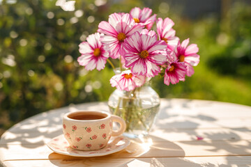 Summer still life. Beautiful roses flowers stand in a vase on a wooden table with a cup of tea.