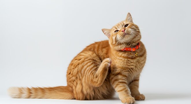 Ginger Tabby Cat with Orange Collar Scratches Neck Against Clean White Background in Bright Studio Lighting