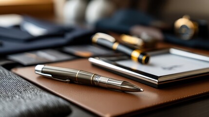 Professional office supplies including pens, notepad, tablet, and documents arranged on a desk