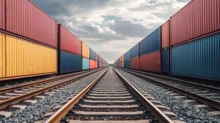Obraz premium A mesmerizing view of railway tracks flanked by colorful shipping containers under a dramatic sky, creating an industrial and travel-oriented atmosphere.