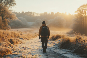 Lone hiker walks frosty field at sunrise, enjoying peaceful winter landscape. Perfect for travel...