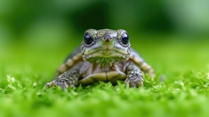 Fototapeta premium Close-up of a tiny turtle on moss. A young turtle, in focus, sits amidst vibrant green moss. Its eyes are large and expressive, and its shell is a mix of brown and green