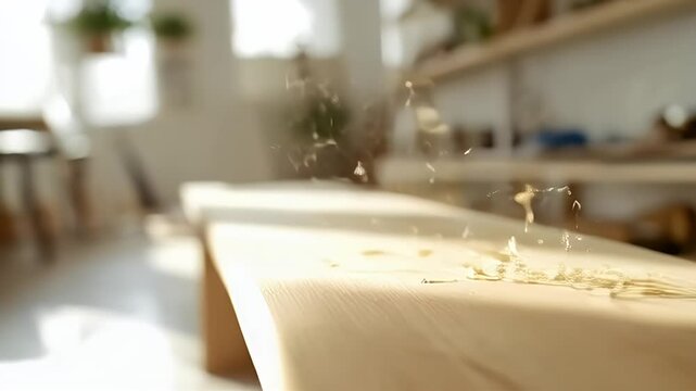 Wood Shavings Falling on Smooth Wooden Surface in Bright Workshop Low Angle Video Close Up Details Craftsmanship Manufacturing Joinery Project Studio Natural