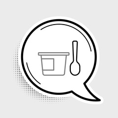 Line Yogurt container with spoon icon isolated on grey background. Yogurt in plastic cup. Colorful outline concept. Vector
