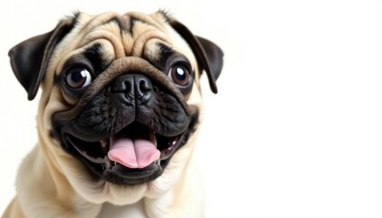 Close-up of a pug's expressive face, isolated on white, dog, fur, pet