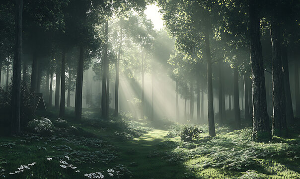 Mysterious forest pathway illuminated by soft light rays highlighting tall trees and lush greenery