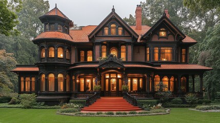 Obraz premium Victorian mansion at twilight, showcasing ornate details.