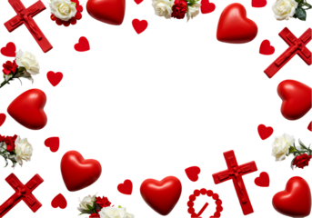 Red Heart and Cross Frame: Valentine's Day, Christian, Love, Wedding Background on Transparent  background