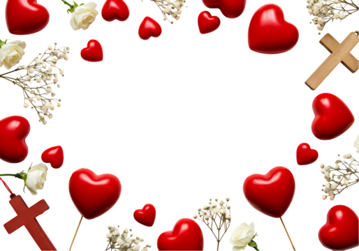 Red Hearts Cross White Background: Sympathy Funeral Remembrance Image on Transparent  background