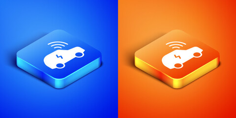 Isometric Smart car system with wireless connection icon isolated on blue and orange background. Remote car control. Square button. Vector