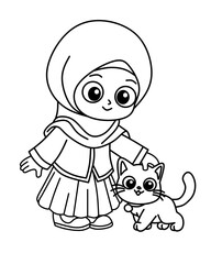 A charming cartoon illustration depicts a young Muslim girl cheerfully carrying her backpack and a book. She is wearing a hijab, a long-sleeved cardigan, and a skirt, suggesting she is a student ready