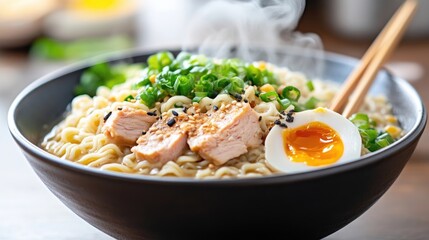 Delicious hot steaming ramen with chicken and egg