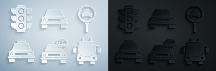 Set Taxi car, Magnifying glass and taxi, Trolleybus, Car and Traffic light icon. Vector