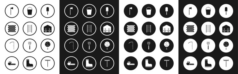 Set Garden trowel spade or shovel, Wooden staircase, fence wooden, axe, Home greenhouse and plants, Bucket, Tree and Scythe icon. Vector