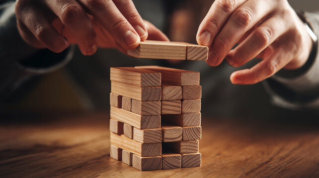 Close-up of hands building a tower of light brown wooden blocks, showcasing precision and strategic thinking, representing planning, building, and problem-solving