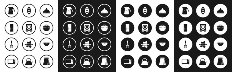 Set Covered with tray of food, Electric stove, Refrigerator, Jug glass water, Cooking pot, Bread loaf, Kitchen colander and Spatula icon. Vector