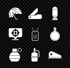 Set Military helmet, Swiss army knife, Aviation bomb, Hand grenade, beret, Target sport and dog tag icon. Vector