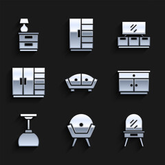 Set Sofa, Armchair, Dressing table, Furniture nightstand, Lamp hanging, Wardrobe, TV and with lamp icon. Vector
